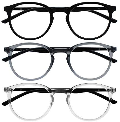 OPULIZE MET Blaulichtfilter Lesebrille für Damen Herren - 3er-Pack - Runder Brille - Blendfreie UV400-Schutz - Federscharniere - Anti-Müdigkeit - Schwarz Transparent Grau Klar +1.50