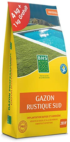 BHS GRSP4 Gazon Rustique Sud 5 kg | Soit 200 m² | Semences Enrichies en Engrais Organique pour Une Implantation Rapide Et Homogène, Fabriqué en France