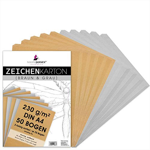MarpaJansen Zeichenkarton in braun & grau Matt, DIN A4, 50 Bogen, 230g/m² fester Recyclingkarton für Skizzen, Zeichnungen und Kunstwerke