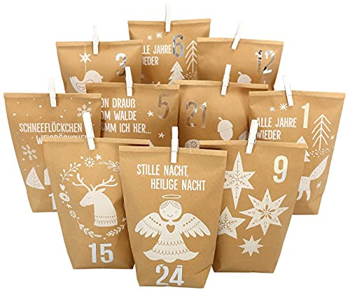 Papierdrachen Adventskalender 2025 zum Befüllen - 24 braune Papiertüten mit Zahlenaufklebern - Motiv Waldtiere weiß - DIY - zum Basteln - Weihnachten