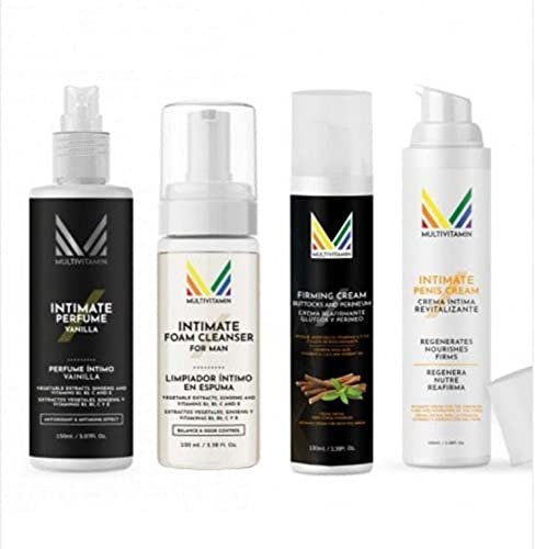 Set per la cura intima maschile: Crema intima maschile Multivitamin 100 ml., Deodorante/profumo genitale 150 ml., Detergente genitale a secco 100 ml. e crema rassodante glutei 100 ml.