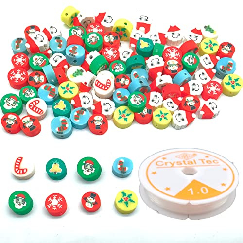 MKISHINE 100 Perline Natale,Perle di Argilla Polimerica con Filo,Charms di Babbo Natale,Perline di Albero di Natale, Perline per Braccialetti Bambina Regalo di Natale