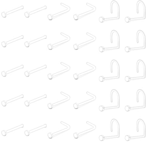 Crdifu 30 Stück transparente Nasenstecker 20 g flache Oberseite unsichtbare Schraube L-förmige Nasenpiercing für Arbeit und Schule, Kunststoff,