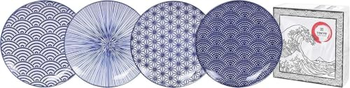 TOKYO design studio – Nippon Blue Gebäckteller Teller-Set (4-tlg.) 20,6cm | Hochwertiges Porzellan – spülmaschinen- & mikrowellengeeignet – traditionelles Design – Designed & Hergestellt in Japan
