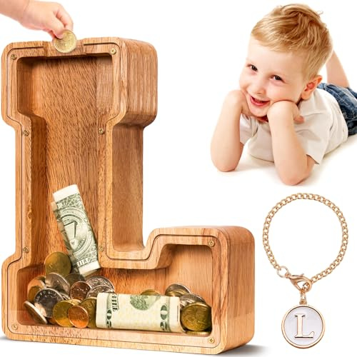 Summidate Spardose für Kinder Junge, Personalisiert Holz Großes Sparschwein, Unzerbrechliches Buchstabe A-Z Sparbüchse für Kinder Mädchen, Erwachsene, Geschenk&Dekoration
