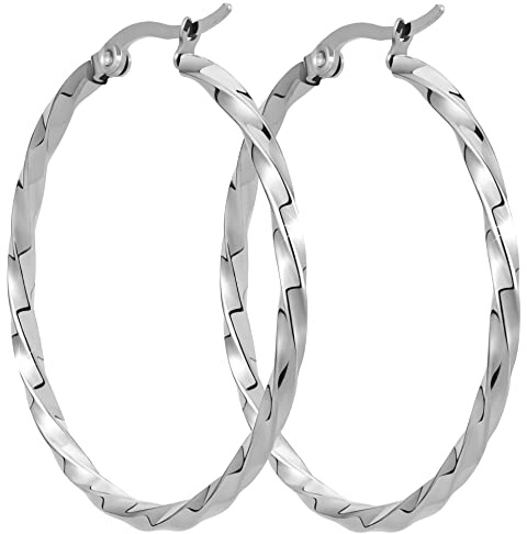 BONNYBIRD® Creolen Silber Groß Gedreht Edelstahl Damen Statement Ohrringe Goldene Frauen Kreolen Hoops 40mm Wasserfest Schmuck Hypoallergen Chirurgenstahl Medizinisch Nickelfrei Dünn Rund