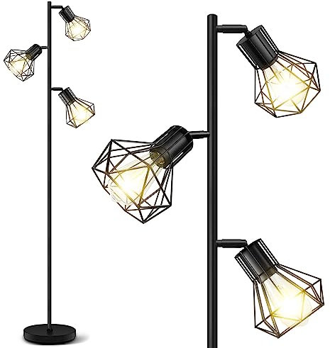 BBHome Lampada da terra industriale, lampada da terra ad albero di fattoria con teste a gabbia regolabili, lampade da terra rustiche per ufficio camera da letto soggiorno, nero (lampadine non incluse)