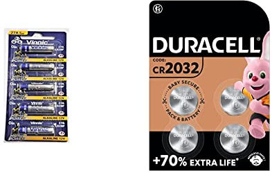 Vinnic Blister mit 5 Batterien, 27 A, Alkali, 12 V, L828f L828f & Duracell Specialty 2032 Lithium-Knopfzelle 3 V, 4er-Packung, mit Kindersichere Technologie, für die Verwendung in Schlüsselanhängern