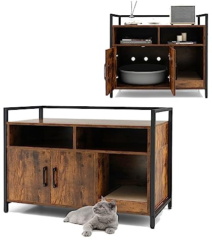 GYMAX Meuble Cache Litière Chat Grand en Bois, avec Griffoir Détachable, Maison de Toilette avec 2 Étagères Rangement Ouvertes, Maison Bon Ventilation et Anti-basculement pour Chat(Café)