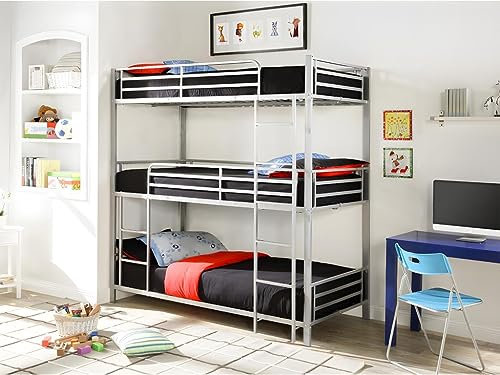 Vente-unique-Etagenbett mit Matratze - 3 Personen - 3 x 90 x 190 cm - Metall - Silberfarben - ELOUAN III