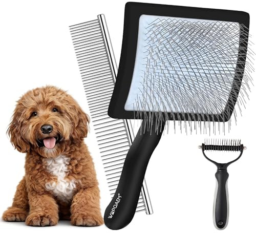 WOPQAEM Slicker Bürste für Hunde & Katzen – mit Holzgriff und extra Langen Edelstahlpins – gegen Unterwolle & Knoten – mit Pflegekamm & Unterwollkamm – für Golden Retriever & Maine Coon – Schwarz | Holz