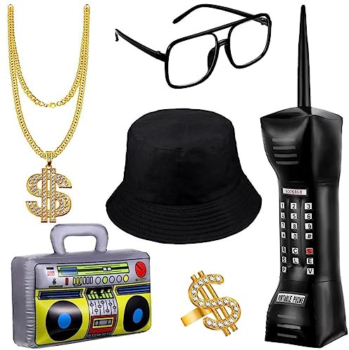 Hsthe Sea Hip Hop Kostüm Kit enthält Golden Baseball Cap Aufblasbare Boombox Faux Gold Kette 80er Jahre 90er Jahr Rapper Zubehör, Cool Rapper Outfits Kostümzubehör