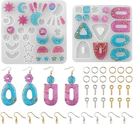 PandaHall - Kit di 2 stampi in silicone per ciondoli in resina epossidica con ganci per orecchini, anelli di apertura, viti a occhiello, per la creazione di orecchini e gioielli