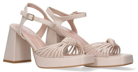 shoes&blues.es Sandalia de Tacon Ancho para Mujer, Comodo, con Estampado Multicolor, Pala con Tiras Enredadas, y Cierre de Hebilla