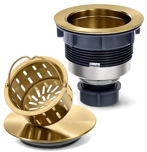 BOTEMY Stainless Steel Gold Sink Drain Strainer 3-1/2'' Kitchen Sink Drain Assembly Kit with Removable Deep Sink Strainer Basket and Sink Stopper Flat Cover Replacement for Home Standard Kitchen Sinks