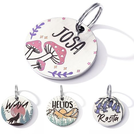 Nicovang Targhette per cani personalizzate, Medagliette incise con stampa a colori, Targhette identificative per animali domestici personalizzate, supporto per collare per gatti (Fungo)