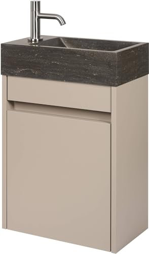 Saqu Florence vormontiertes Badmöbel Gäste-WC in Matt Greige mit Handwaschbecken aus Hartstein und Armatur Edelstahl Links