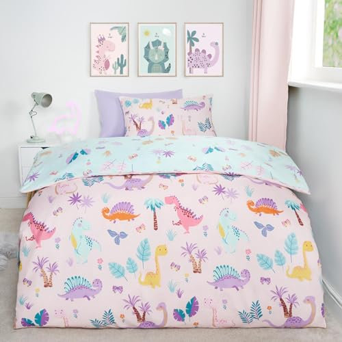 OHS Girls Single Duvet Cover Set, Dino Reversible Kids Bedding with Pillowcase Duvet Covers Ultra Soft Girls Duvet Sets for Single Bed, Pink/Blue