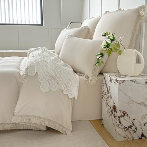 Amolavet Boho Quasten Bettwäsche 135x200 Beige Sommer Leicht Atmungsaktiv Mikrofaser Bettwäsche 2teilig Set mit Reißverschluss Bettbezug 135 X 200 + Kissenbezug 80x80 für Einzelbett