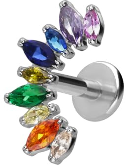 PIERCINGLINE Titan Labret mit Gewinde BUNTER KRISTALLBOGEN Piercing Lippe Nase Ohr Silberfarben 1,2 x 10 mm