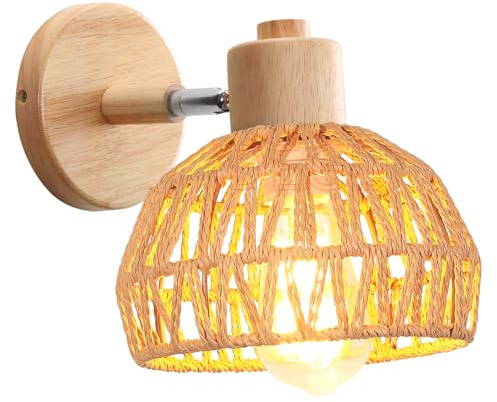 iDEGU Lampada da Parete Retrò Vintage Applique da Parete Interno in Legno e Rattan Industriale Lampada a Muro Orientabile E27 Luce da Camera da Letto Soggiorno Caffè (20cm, Marrone)