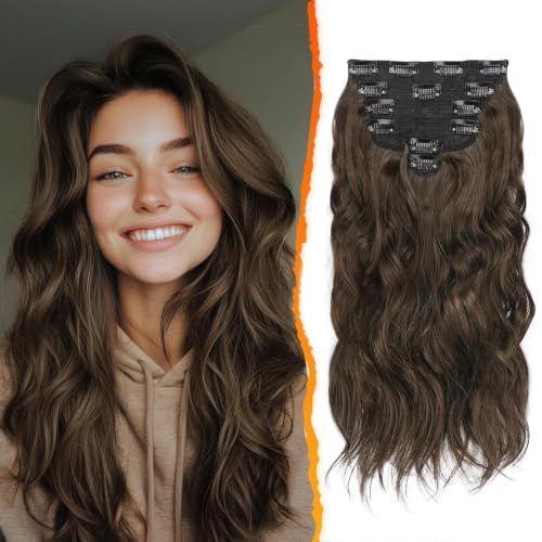 BARSDAR Clip in Extensions Für Frauen, 40CM Wellige Clip in Haarverlängerungen 6PCs Dickes Natürliches Weiches Synthetisches Braun Haarteile Haare Extensions - Braun