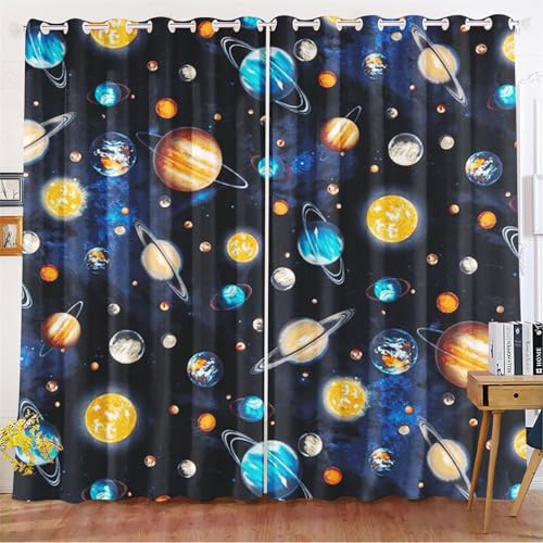 Fadaing Universum Planet Verdunkelungsvorhänge Weltraum Sternenklar Vorhänge Mit Ösen Weltraumuniversums Blickdicht Gardine Für Kinder Und Jugen (5,150x166cm(BxH)/ 75x166cmx2)