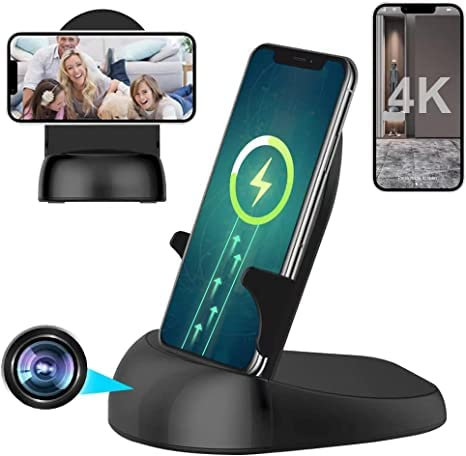 GJFJTC Cámara oculta espía WiFi cargador inalámbrico, cámara espía activada por movimiento, HD1080P (lente giratoria) con ángulo de visión de 250°, cámaras ocultas para seguridad de oficina en casa