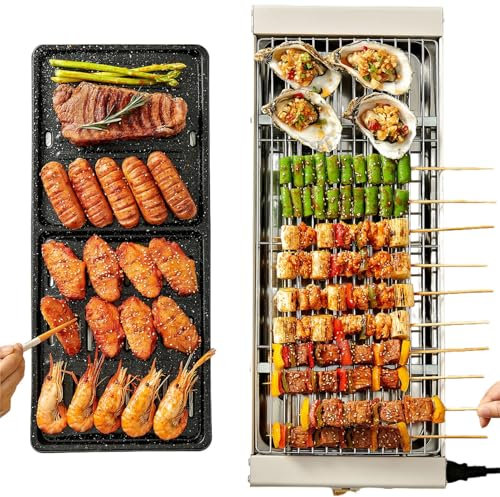 Parrilla De Barbacoa Eléctrica De 1500W Parrilla Eléctrica Para BBQ Intdoor De Mesa 2 En 1 Con Malla De Parrilla De Acero Inoxidable Y Sartén Recubierta Antiadherente Control De Temperatura Ajustable