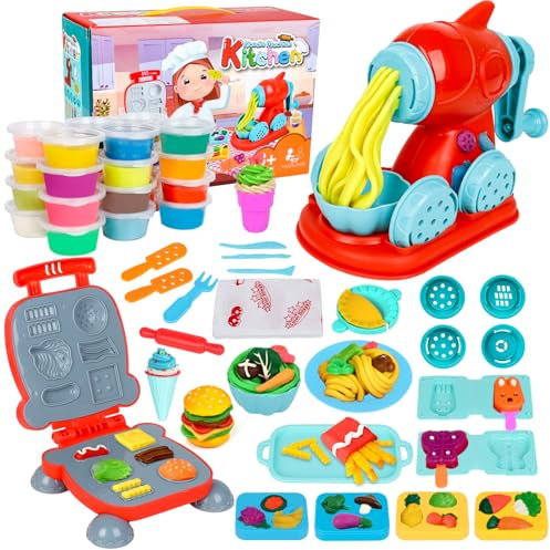 Jovicos Knetwerkzeug, Knete Zubehör Kitchen Creations Spielset mit 24 Dosen, Knete Set Nudelmaschine Burger Party, Kinder Plastilin Werkzeuge Knete Ausstechformen, Geschenk für Jungen Mädchen ab 3