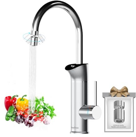 Briwellna Instant Hot Water Tap 3200W with Digital Display, 360 Degree Rotate Electric Faucet with Tap Aerator Spray Head for Kitchens, Warm Water at 20-55℃ (Silver)