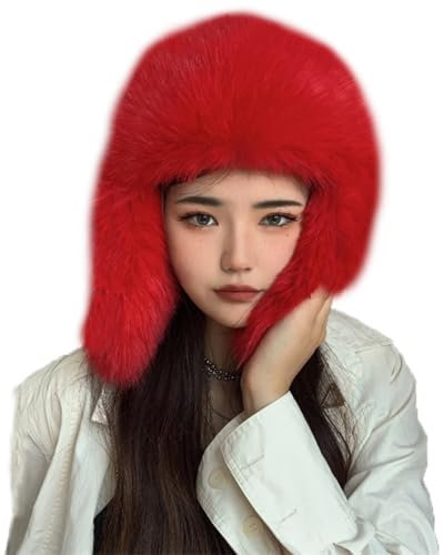 WUODHTW Luxuriöse Trappermütze aus Kunstnerz, reine Farbe, schlicht, für Damen, Wintermütze, Pelzmütze, Uschanka, warme Beanie-Mütze, hellrot, Einheitsgröße