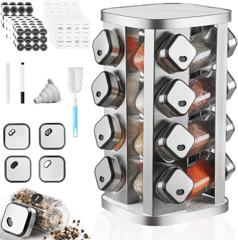 SXTIHD Estante para especias con tarros cuadrados de 16 × 120 ml, acero inoxidable giratorio 360°, soporte giratorio para condimentos para la cocina