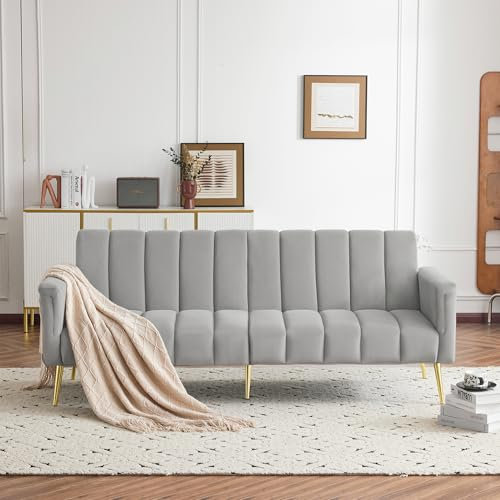 SOFTWEARY Schlafsofa mit Bettfunktion, 2-Sitzer mit verstellbaren Armlehnen und Rückenlehnen, Samtbezug, Polstersofa, Loungesofa (grau)