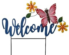 Decoris Gartenstecker Schriftzug Welcome mit Schmetterling und Blumen 45cm Metall - Outdoor Dekostecker - Außendeko Metallstecker Deko - Gartendeko Metallfigur Außenbereich