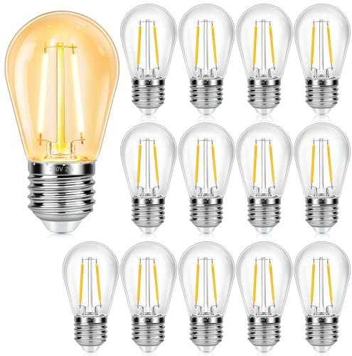15 Stück S14 E27 2W LED Glühbirnen, Ersatz 20W Glühbirnen Außen, 2700K Warmweiß, AC220-240V, S14 Klar Birnen, Nicht Dimmbar, Ersatzbirne für Innen Außen-Lichterketten, Camping, Garten, Party