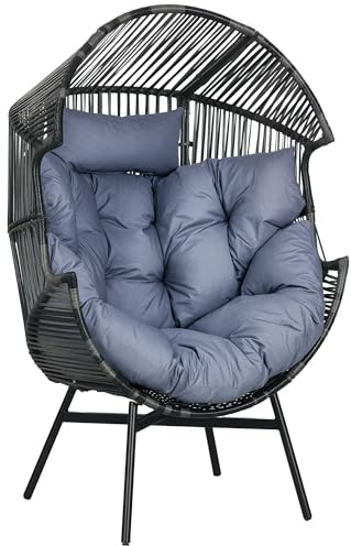 Outsunny Rattansessel, Rattan Korbsessel mit dickem Sitzkissen, Gartensessel in Eiform, 120 kg belastbar, für Terrasse, Garten, Grau