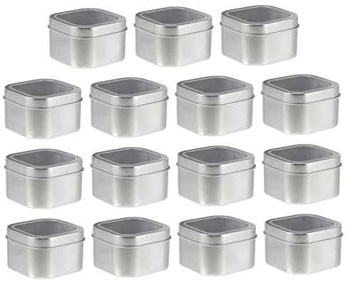 AKOOSY Set 15 Barattoli Di Metallo Quadrati Da 8 Once Con Coperchio Trasparente, Contenitori in Metallo Per Produzione Di Candele Fai Da Te e Conservazione Unguenti, Kit Per Artigianato e Decorazioni