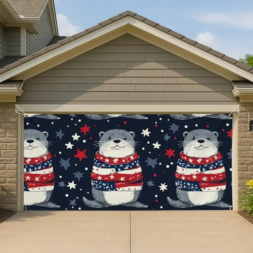 Couverture de porte de garage patriotique - Rouge, blanc et bleu - Grande bannière de garage - Décoration d'été et 4 juillet - Toile de fond extérieure - 397 x 180 cm