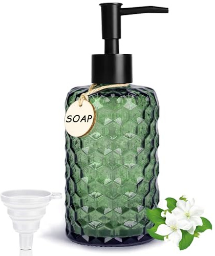 IBOCDWAMA 500ml Seifenspender Glas für Bad, Spülmittelspender für Küche | Moderne Pumpspender mit Hölzerne Etiketten, Schwarz Kunststoffpumpe und Trichter, Flüssigseifenspender, Wabendesign, Grün