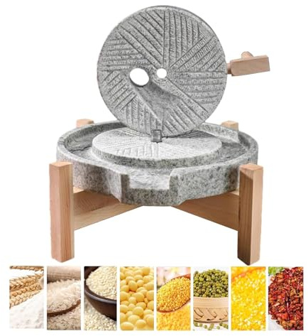 Mulino a Pietra Manuale con Base in Legno, Macinino per Cereali e Legumi, Macina a Secco e Umido