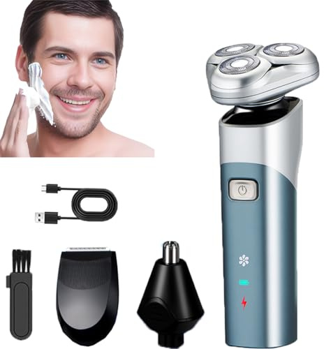Rasoio Elettrico Barba Uomo, Rasoio elettrico corpo uomo Con 3D Testine Rotanti IPX7 Impermeabile, Rasoio Elettrico a Testine Rotanti con Display LED da viaggio