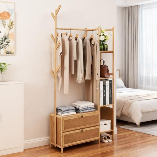 Warmiehomy Clothes Rail with Shelves, Clothes Rack with Storage and Hooks | Hanging Rail with 4 Storage Shelves Clothing Garment Rail for Bedroom, Entryway, Hallway,100x30x161cm,Natural