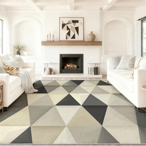 Tappeto Da Soggiorno Lavabile In Lavatrice, Nero E Grigio Antiscivolo Tappeto Patchwork Triangolare Geometrico Minimalista, Tappeti 90 x 150 cm per Camera Da Letto, Cucina, Ufficio, Corridoio