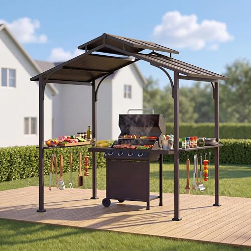 SUNJOY 2,4 × 1,5 m BBQ-Pavillon mit 2 Ablagen & 10 Haken, doppelluftdurchlässigem Dach, Stahlrahmen, wasserdichtem Hardtop-Grillunterstand, UV- & windbeständig, Outdoor-Kochen für Garten, Terrasse