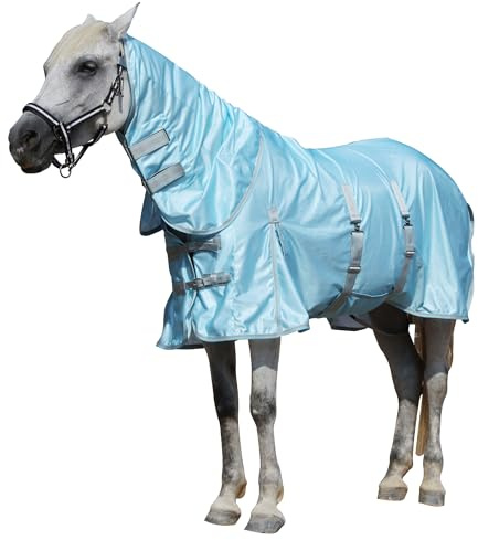 Gallopoff Couverture Anti-Mouches avec Couvre-Cou Amovible, Bleu 160 cm | Bande Ventrale, Maille Respirante, Protection Anti-UV Contre Les Démangeaisons Estivales pour l'Écurie et Les Pâturages