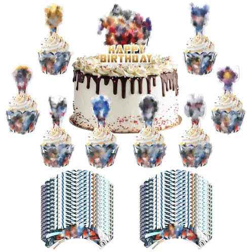 49 Stück Kinder Tortendeko Set: Happy Birthday Topper & Cartoon Figuren Cake Topper & Cupcake Wrappers, Kuchen Deko Geburtstag, Torten Deko für Kindergeburtstag Party, Theme Party & Sweet Table