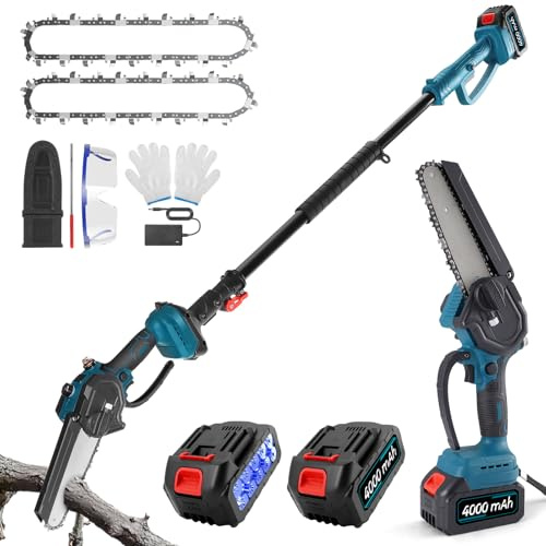 Ovshnrr 2 in 1 Motosierra Bateria con Pertiga, 950W Motosierra Electrica 31.000 RPM, Mini Motosierra Bateria con Pertiga Telescopica (1,5-2,1m), 2x 4,0Ah Baterias, 144 min, Lubricacion Auto