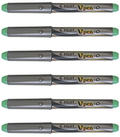 PILOT V-Pen Silver Disposable Fountain Pens Medium Nib Green Pack of 6