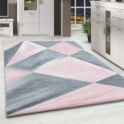 HomebyHome Tapis de Salon 120x170 cm Rose Conception Abstraite géométrique Tapis de Chambre Moderne à Poils Courts, Facile d'entretien
